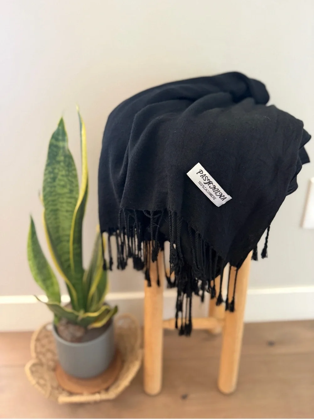 100% Cashmere Pashmina Black Luxe Fringe Scarf, 68x26